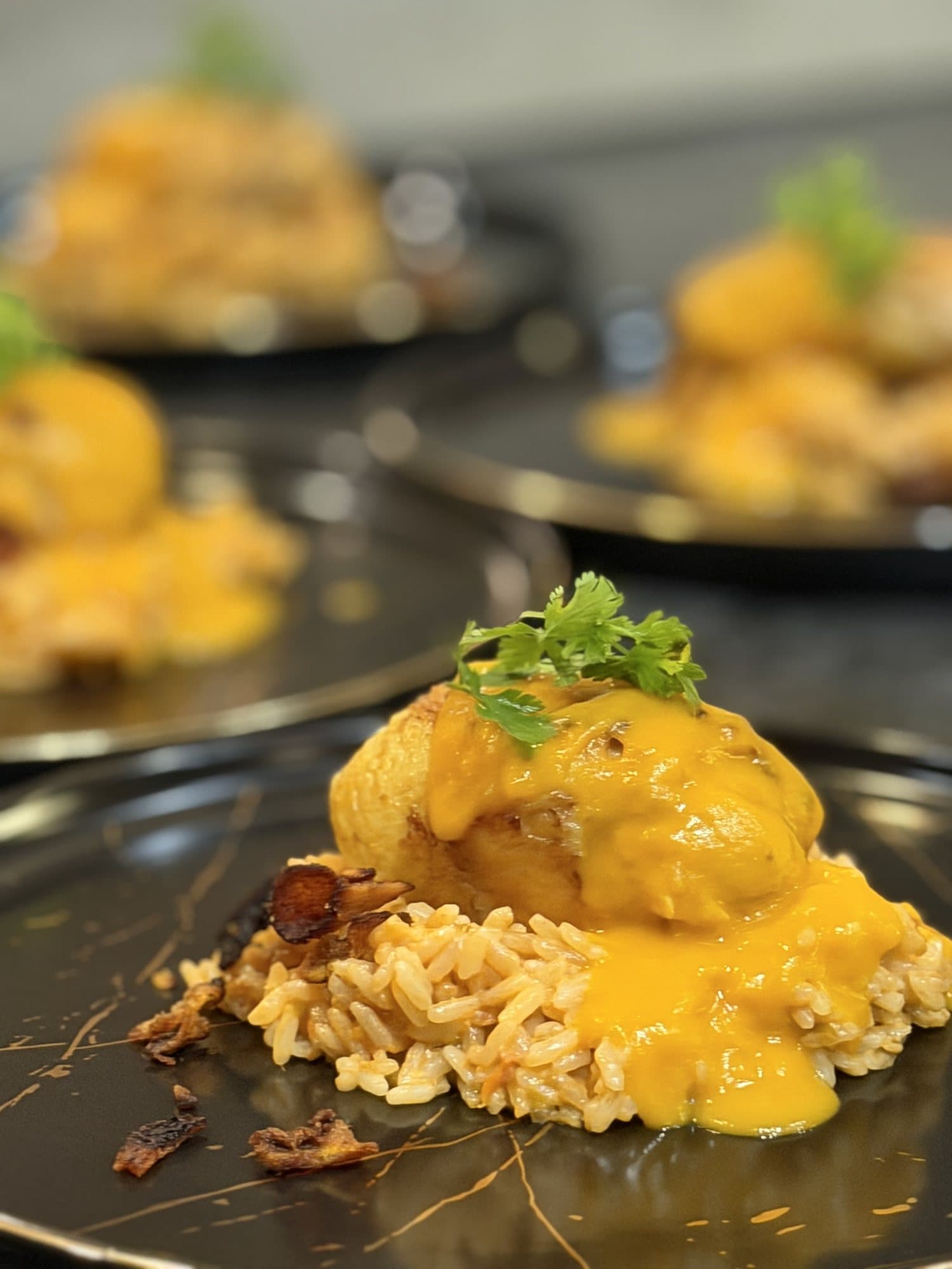 Pollo en salsa sobre arroz